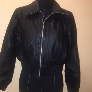 Black genuine leather bomber jacket